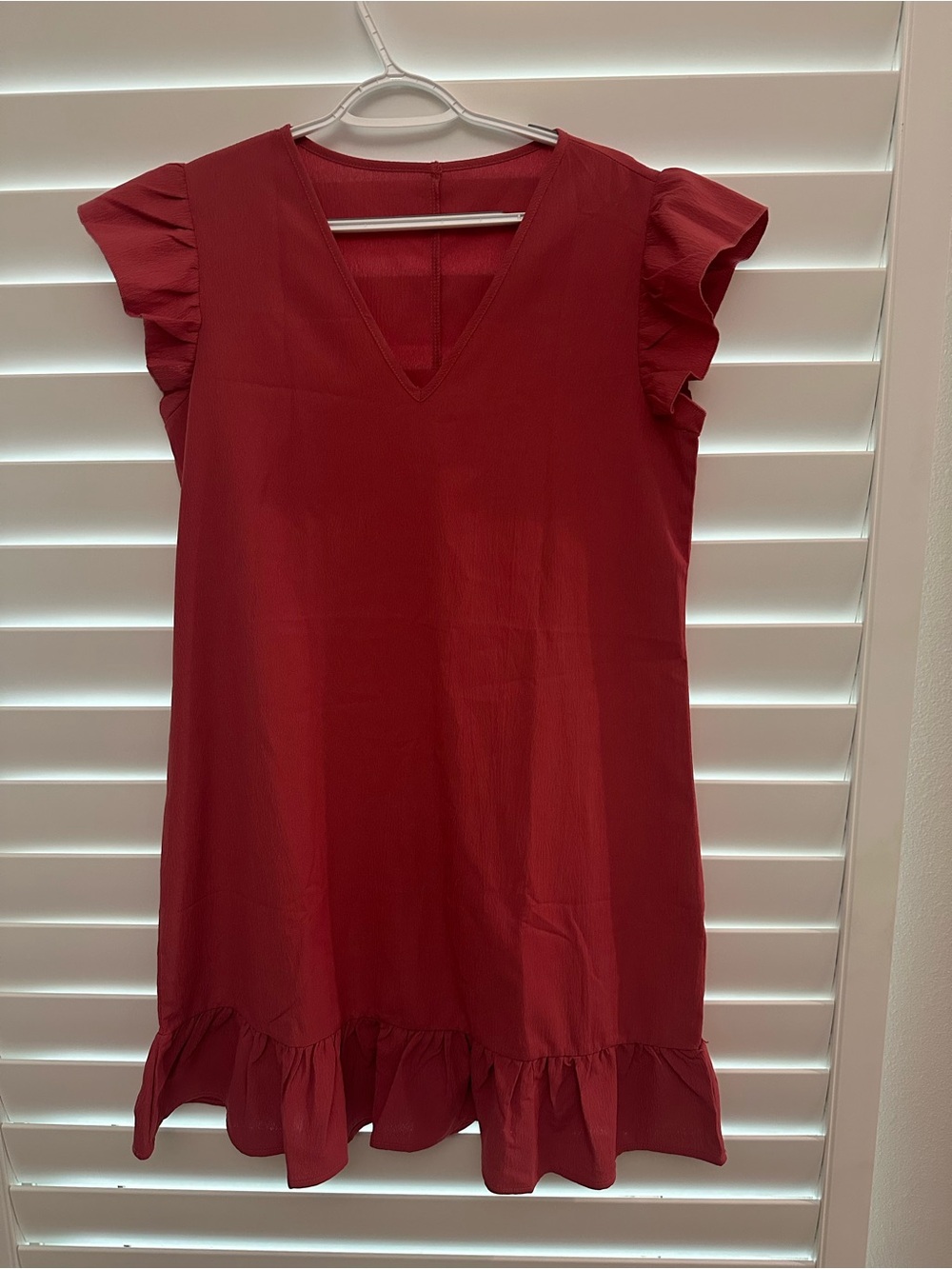 Burnt Orange Flutter Sleeve V-Neck Ruffle Hem Dress